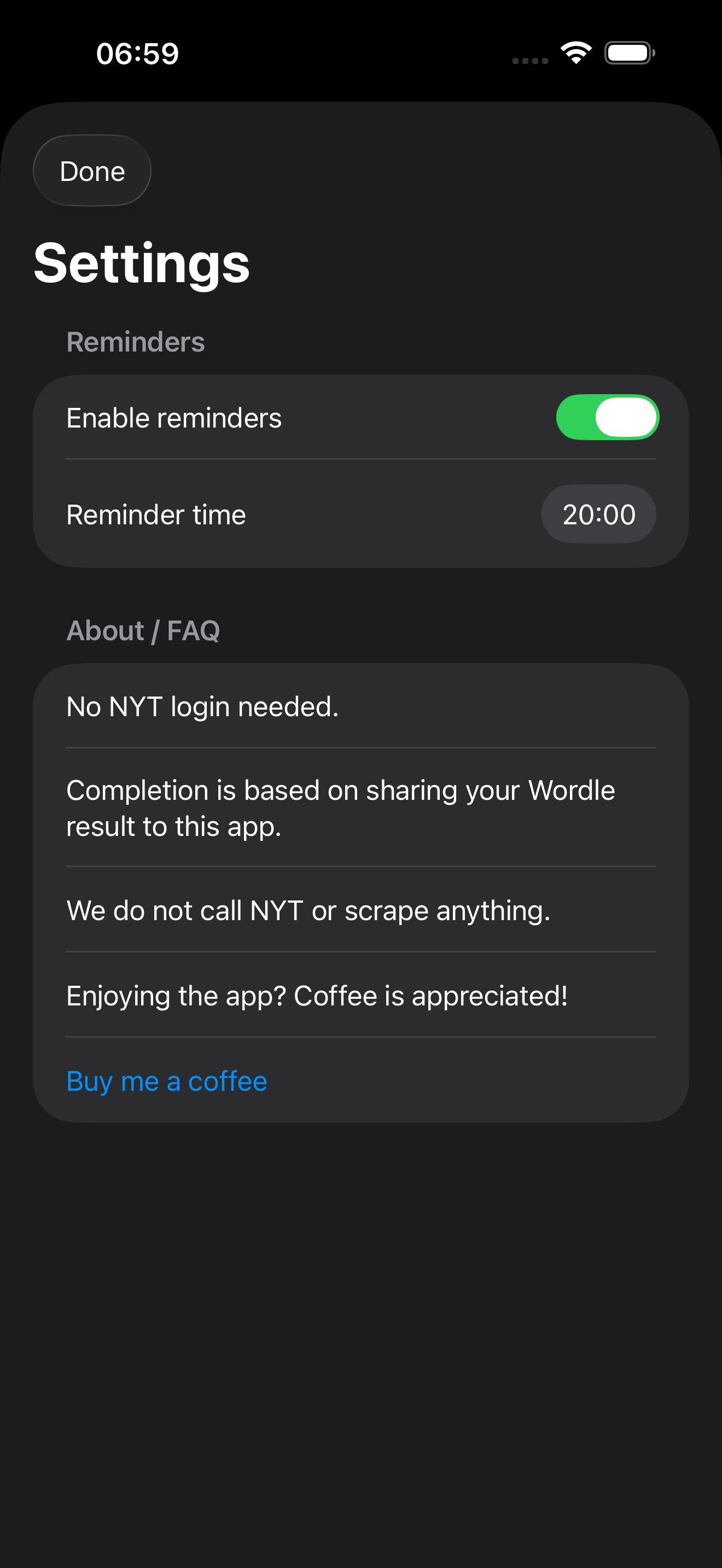 Remindle settings screen